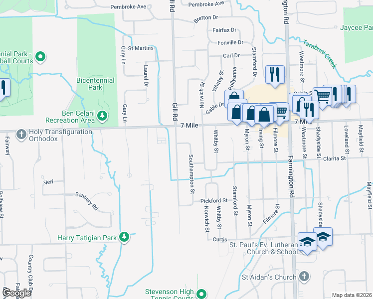 map of restaurants, bars, coffee shops, grocery stores, and more near 18833 Southampton Street in Livonia