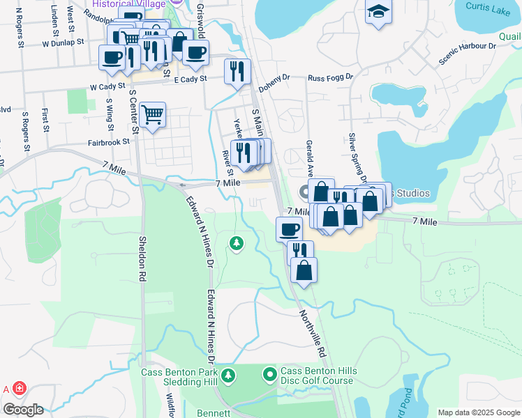 map of restaurants, bars, coffee shops, grocery stores, and more near 598 S Main St in Northville