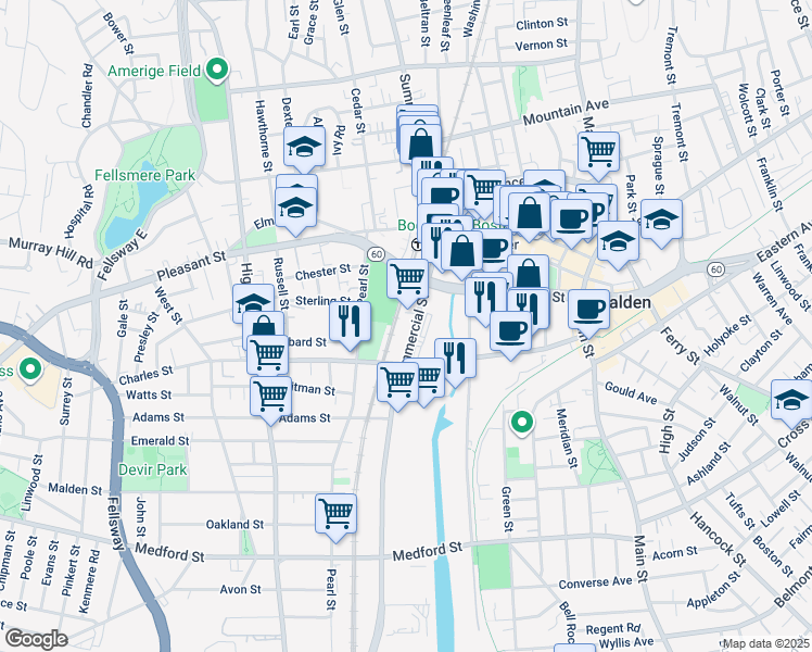 map of restaurants, bars, coffee shops, grocery stores, and more near 89 Commercial Street in Malden