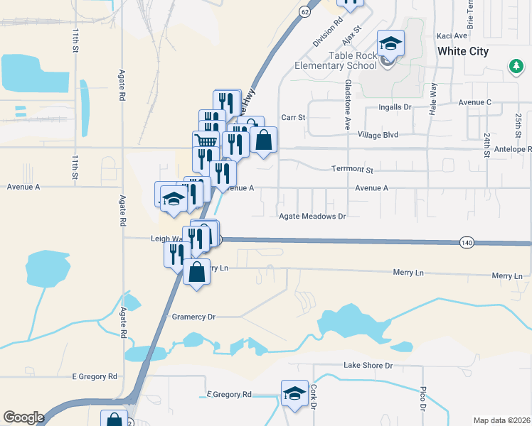 map of restaurants, bars, coffee shops, grocery stores, and more near 7437 Division Road in White City