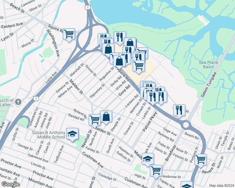 map of restaurants, bars, coffee shops, grocery stores, and more near 38 Grover Street in Revere