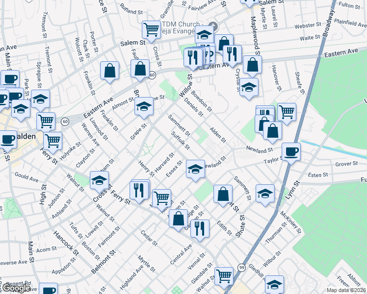 map of restaurants, bars, coffee shops, grocery stores, and more near 69 Suffolk Street in Malden