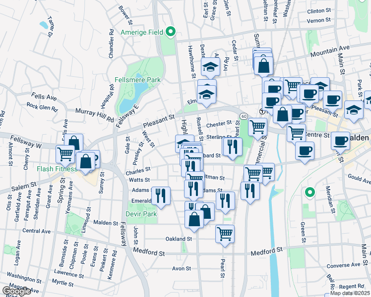 map of restaurants, bars, coffee shops, grocery stores, and more near 341 Highland Avenue in Malden