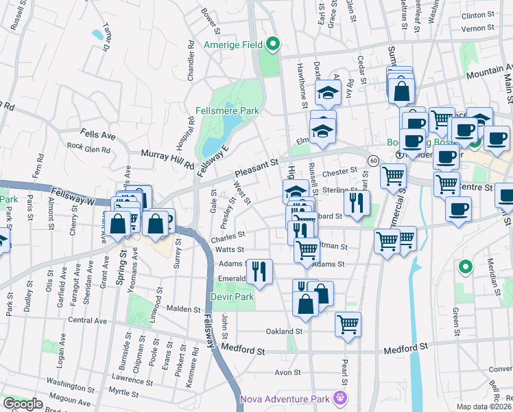 map of restaurants, bars, coffee shops, grocery stores, and more near 81 Wentworth Street in Malden
