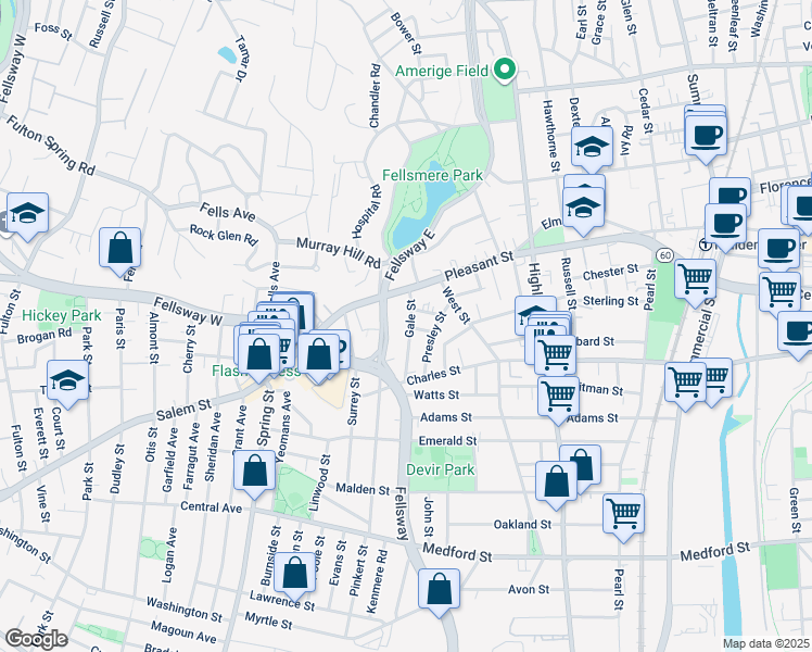 map of restaurants, bars, coffee shops, grocery stores, and more near 41 Fellsway East in Malden