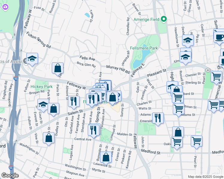 map of restaurants, bars, coffee shops, grocery stores, and more near 81 Fellsway West in Medford