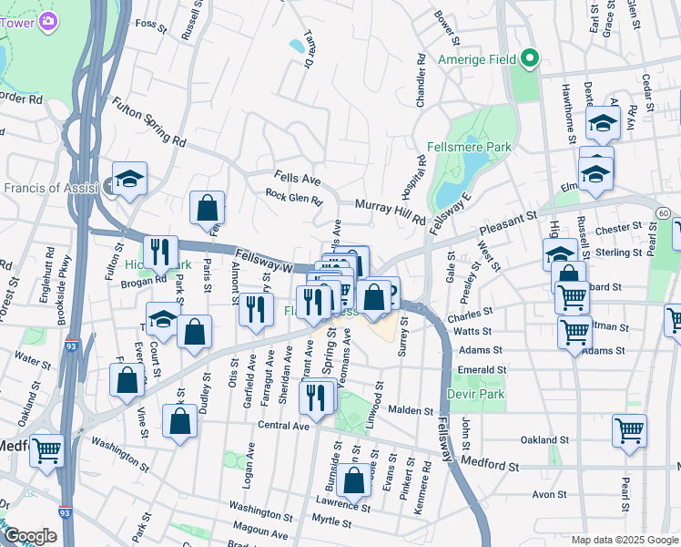 map of restaurants, bars, coffee shops, grocery stores, and more near 117 Fellsway West in Medford