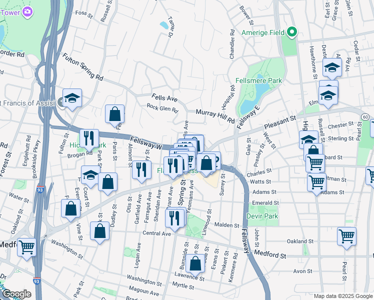 map of restaurants, bars, coffee shops, grocery stores, and more near 117 Fellsway West in Medford