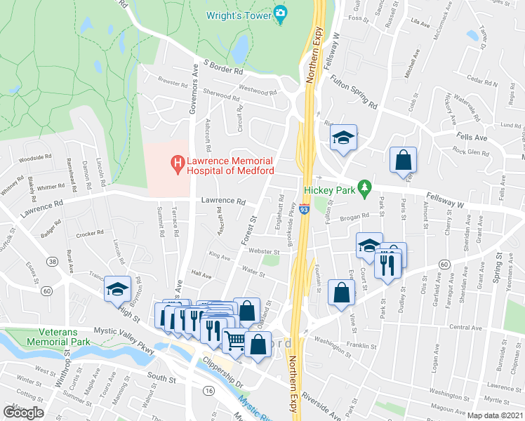 map of restaurants, bars, coffee shops, grocery stores, and more near 163 Forest Street in Medford