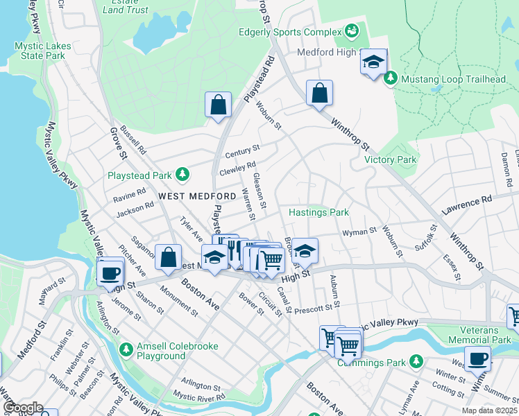 map of restaurants, bars, coffee shops, grocery stores, and more near 11 Gleason Street in Medford