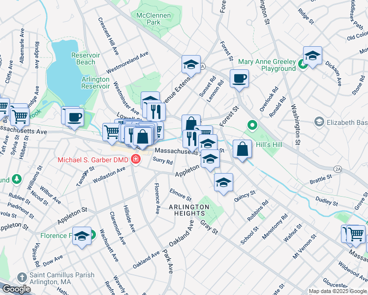 map of restaurants, bars, coffee shops, grocery stores, and more near 1263 Massachusetts Avenue in Arlington
