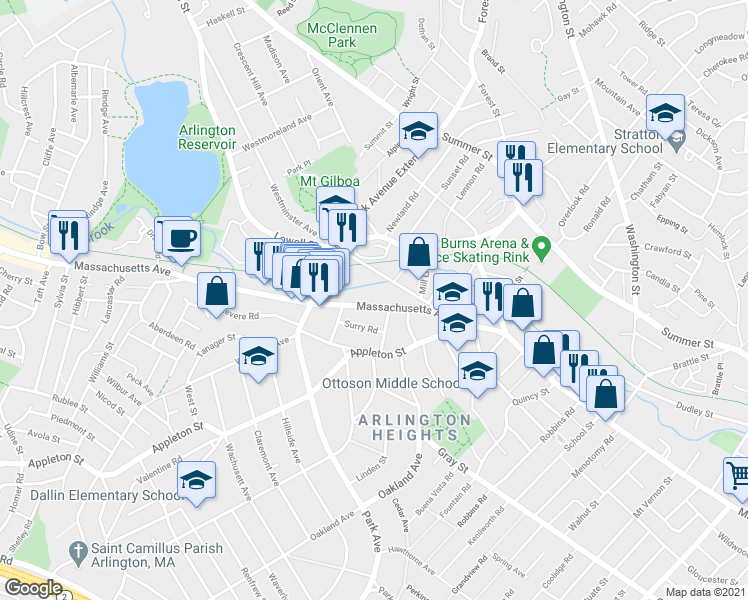 map of restaurants, bars, coffee shops, grocery stores, and more near 1287 Massachusetts Avenue in Arlington