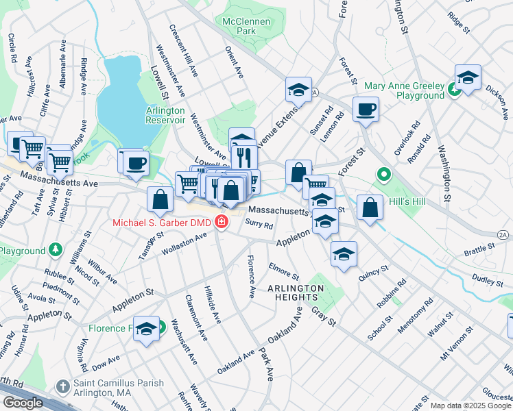 map of restaurants, bars, coffee shops, grocery stores, and more near 1287 Massachusetts Avenue in Arlington
