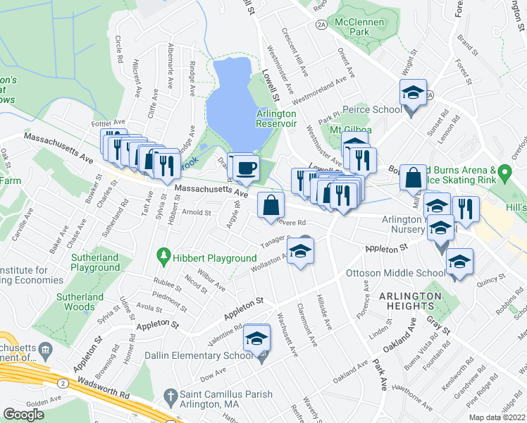 map of restaurants, bars, coffee shops, grocery stores, and more near 1422-1424 Massachusetts Avenue in Arlington