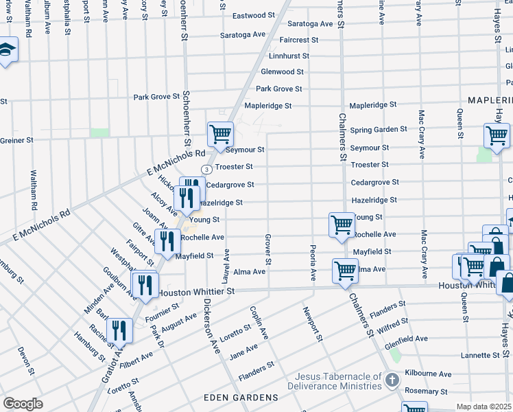 map of restaurants, bars, coffee shops, grocery stores, and more near 14028 Hazelridge Street in Detroit