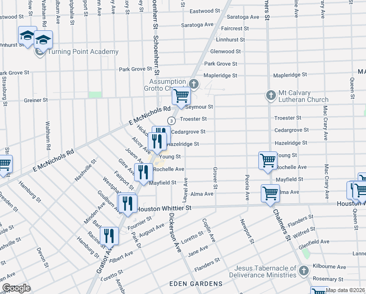 map of restaurants, bars, coffee shops, grocery stores, and more near 13476 Hazelridge Street in Detroit
