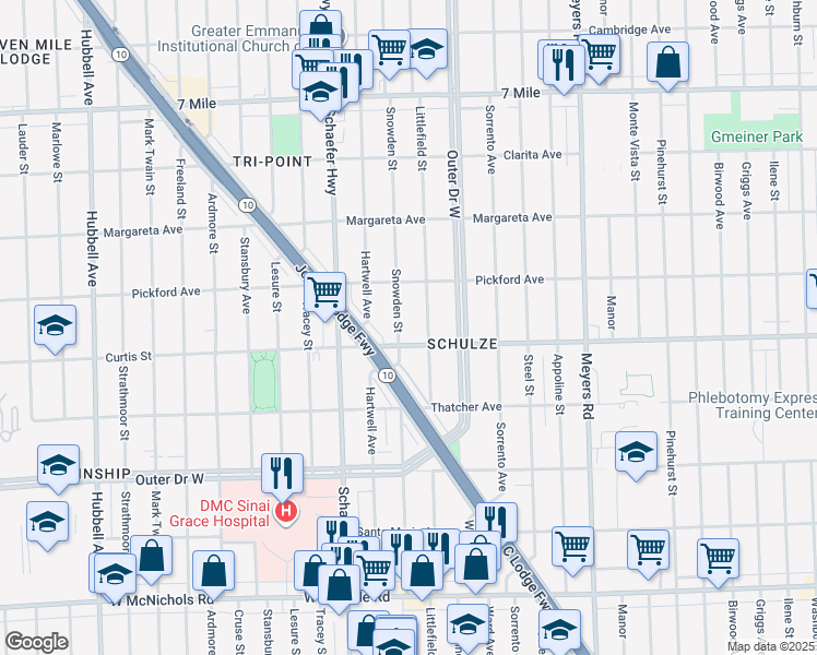 map of restaurants, bars, coffee shops, grocery stores, and more near 18237 Snowden Street in Detroit