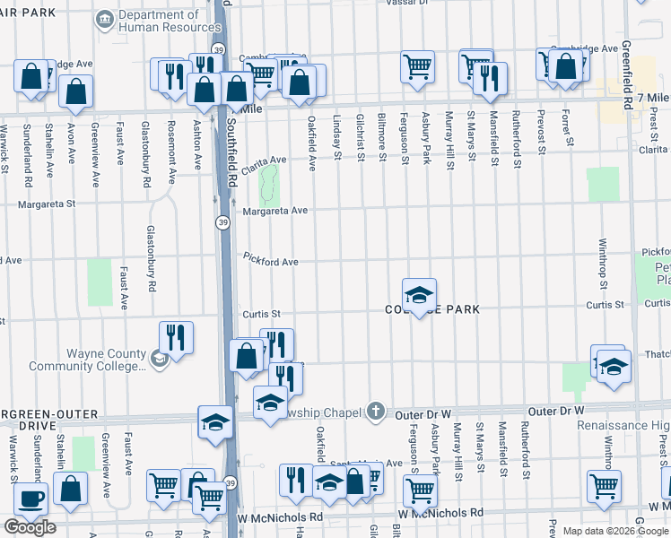 map of restaurants, bars, coffee shops, grocery stores, and more near 18313 Lindsay Street in Detroit