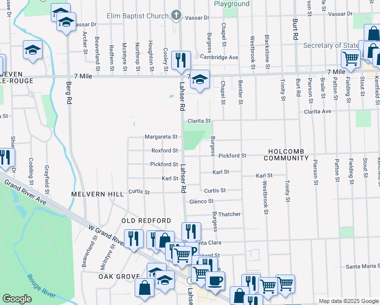 map of restaurants, bars, coffee shops, grocery stores, and more near 18450 Lahser Road in Detroit