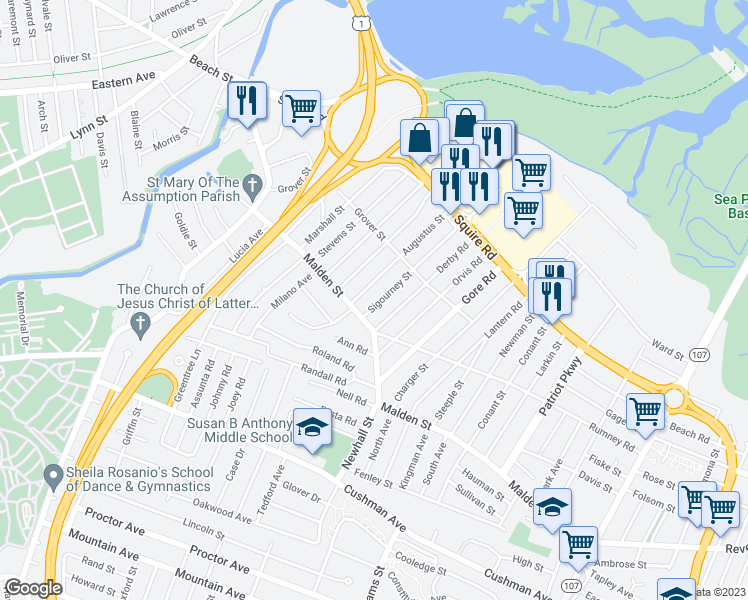 map of restaurants, bars, coffee shops, grocery stores, and more near 22 Sigourney Street in Revere