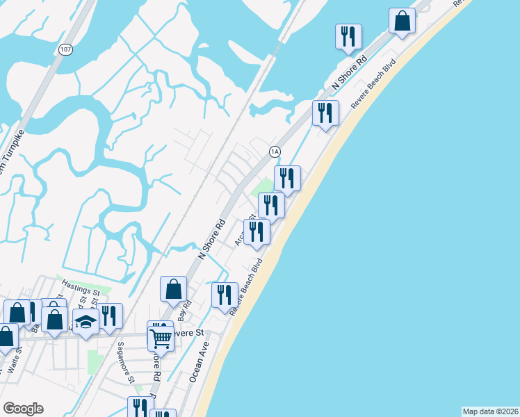 map of restaurants, bars, coffee shops, grocery stores, and more near 41 Oak Island Street in Revere