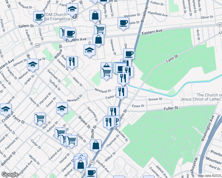 map of restaurants, bars, coffee shops, grocery stores, and more near 73 Newland Street in Malden