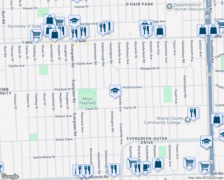 map of restaurants, bars, coffee shops, grocery stores, and more near 19399 Pickford Avenue in Detroit