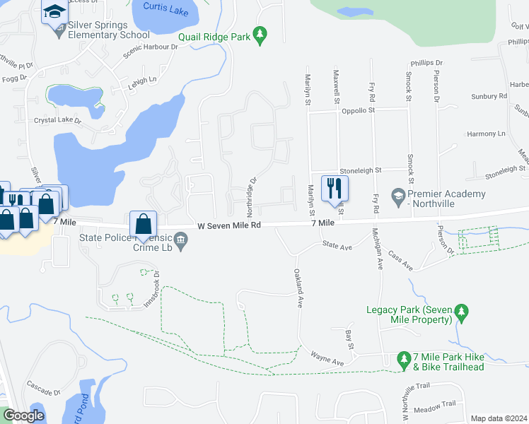 map of restaurants, bars, coffee shops, grocery stores, and more near 19284 Northridge Drive in Northville