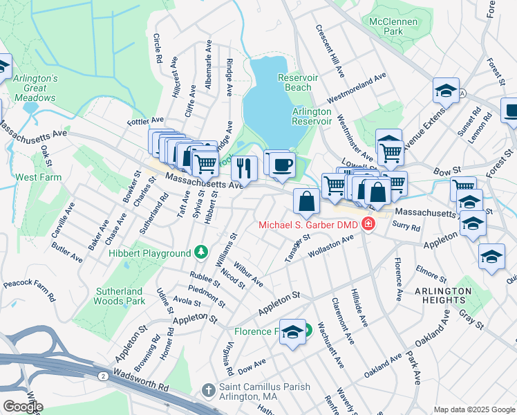 map of restaurants, bars, coffee shops, grocery stores, and more near 48 Dundee Road in Arlington