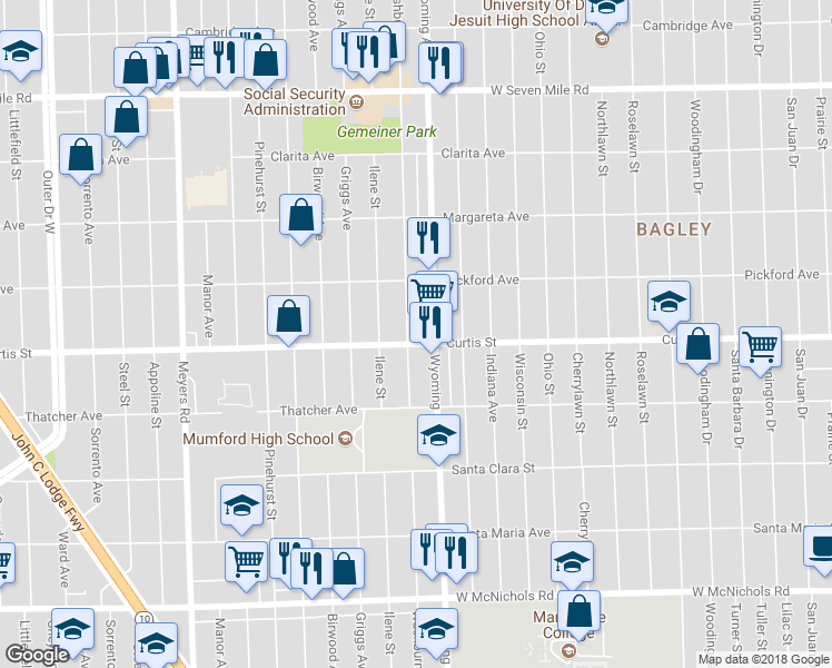 map of restaurants, bars, coffee shops, grocery stores, and more near 10080 Curtis Street in Detroit