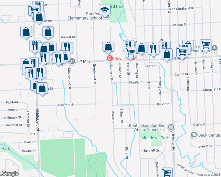 map of restaurants, bars, coffee shops, grocery stores, and more near 18741 Lathers Street in Livonia
