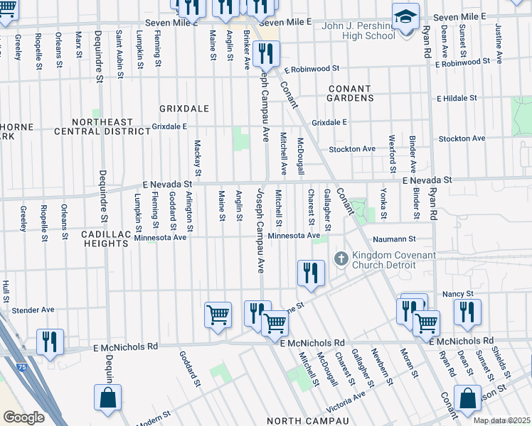 map of restaurants, bars, coffee shops, grocery stores, and more near 17860 Joseph Campau Avenue in Detroit