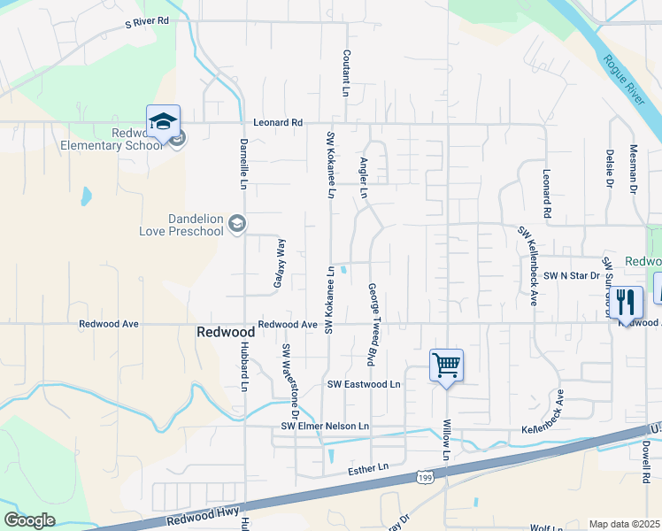 map of restaurants, bars, coffee shops, grocery stores, and more near 1386 Southwest Kokanee Lane in Grants Pass
