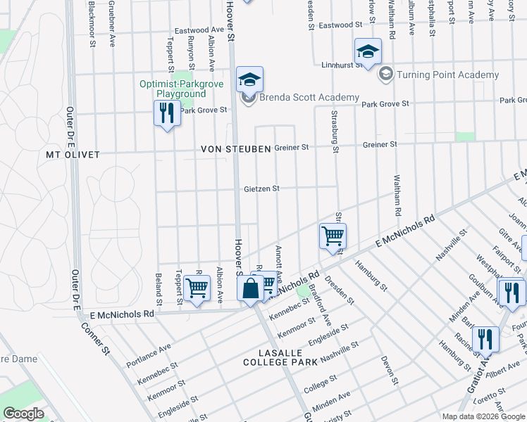 map of restaurants, bars, coffee shops, grocery stores, and more near 17640 Rowe Street in Detroit