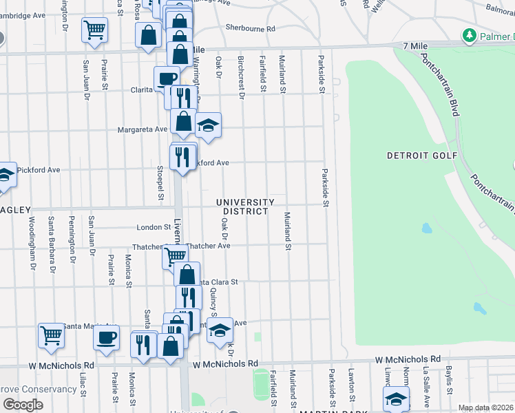 map of restaurants, bars, coffee shops, grocery stores, and more near 6343 Curtis Street in Detroit