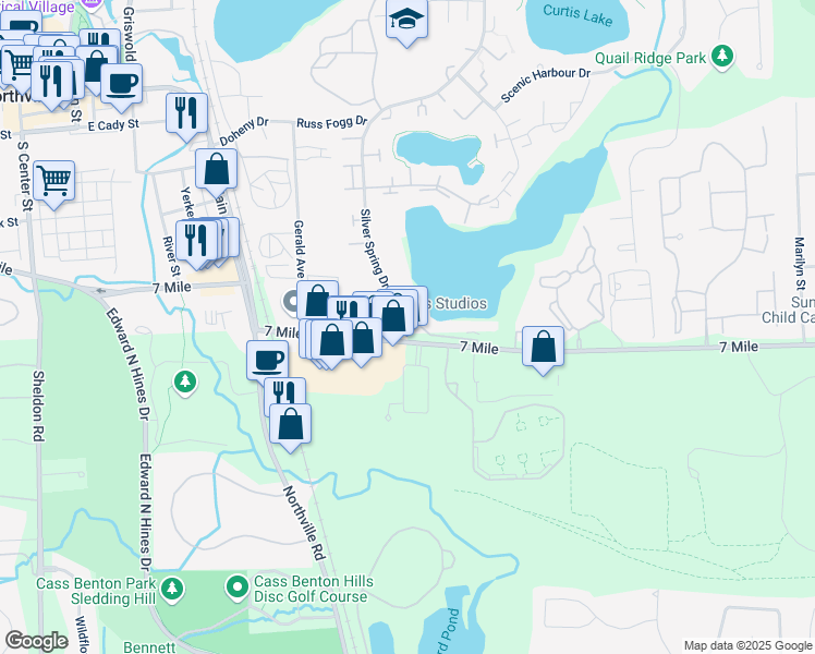 map of restaurants, bars, coffee shops, grocery stores, and more near 42885 Swan Lake Drive in Northville