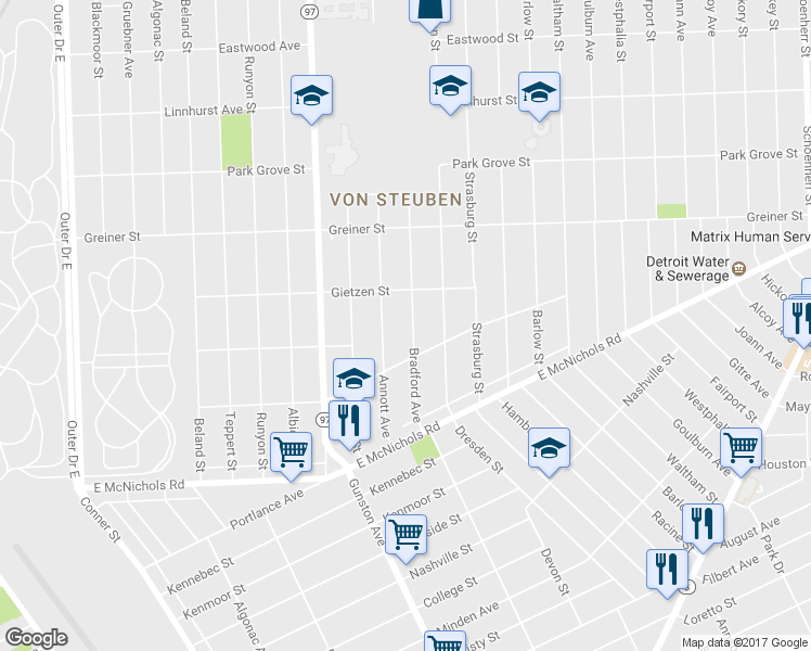 map of restaurants, bars, coffee shops, grocery stores, and more near 17363 Bradford Avenue in Detroit