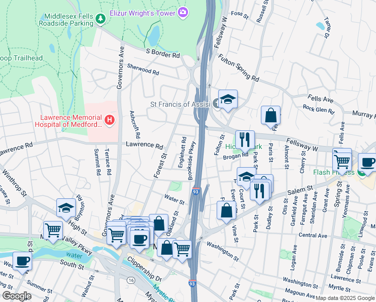 map of restaurants, bars, coffee shops, grocery stores, and more near 204 Brookside Parkway in Medford