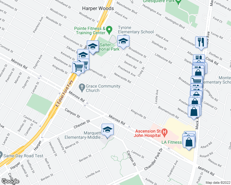 map of restaurants, bars, coffee shops, grocery stores, and more near 21352 Sloan Drive in Harper Woods