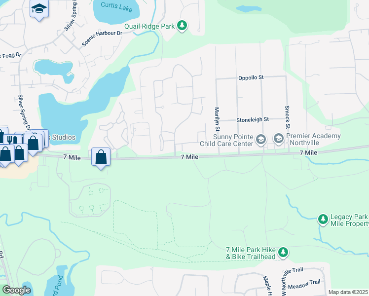 map of restaurants, bars, coffee shops, grocery stores, and more near 19108 Northridge Drive in Northville