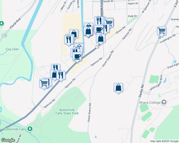 map of restaurants, bars, coffee shops, grocery stores, and more near 527 Spencer Road in Ithaca