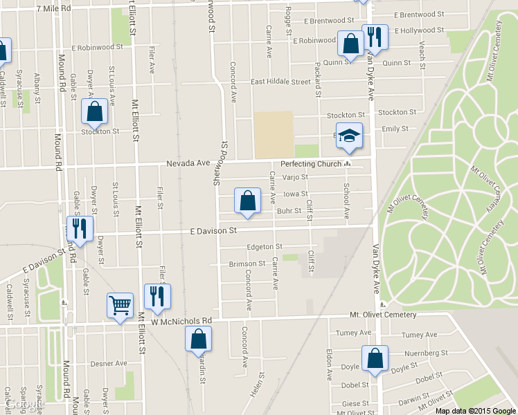 map of restaurants, bars, coffee shops, grocery stores, and more near 6829 Buhr Street in Hamtramck