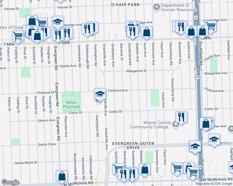 map of restaurants, bars, coffee shops, grocery stores, and more near 18330 Shaftsbury Avenue in Detroit