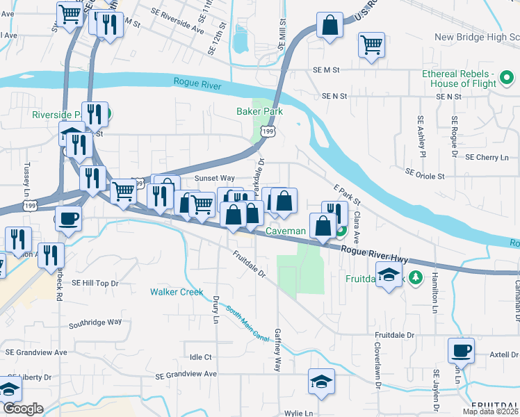 map of restaurants, bars, coffee shops, grocery stores, and more near 811 Golden Park Drive in Grants Pass