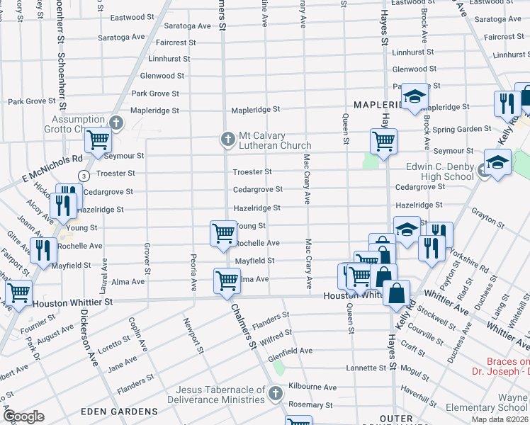 map of restaurants, bars, coffee shops, grocery stores, and more near 14516 Hazelridge Street in Detroit