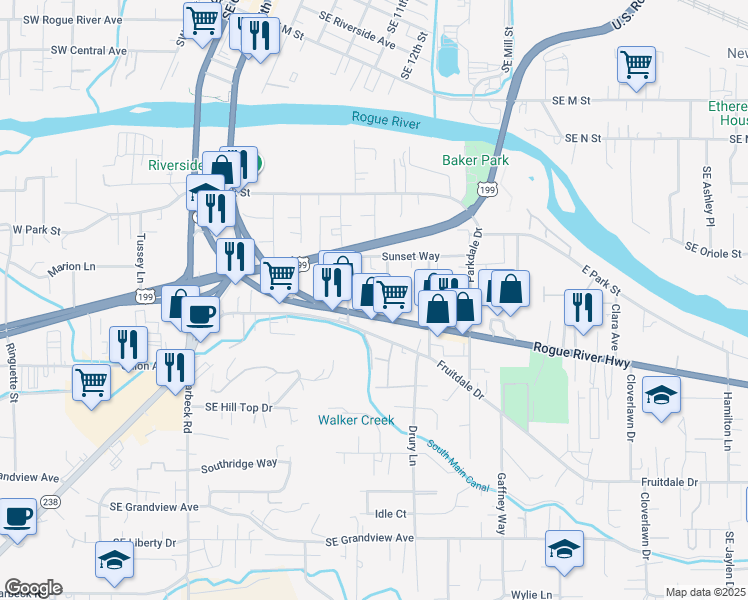 map of restaurants, bars, coffee shops, grocery stores, and more near 1407 Oakhill Ln in Grants Pass