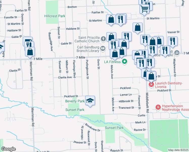 map of restaurants, bars, coffee shops, grocery stores, and more near 18949 Doris Street in Livonia