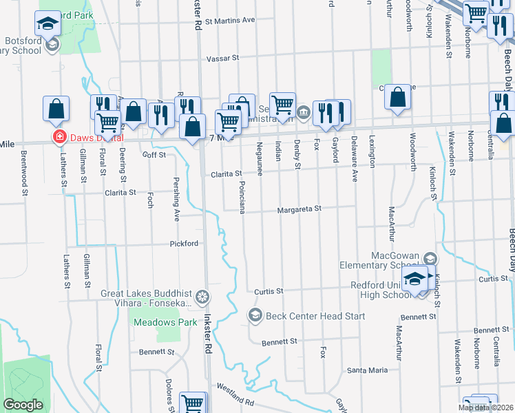 map of restaurants, bars, coffee shops, grocery stores, and more near 18609 Negaunee in Redford Charter Township
