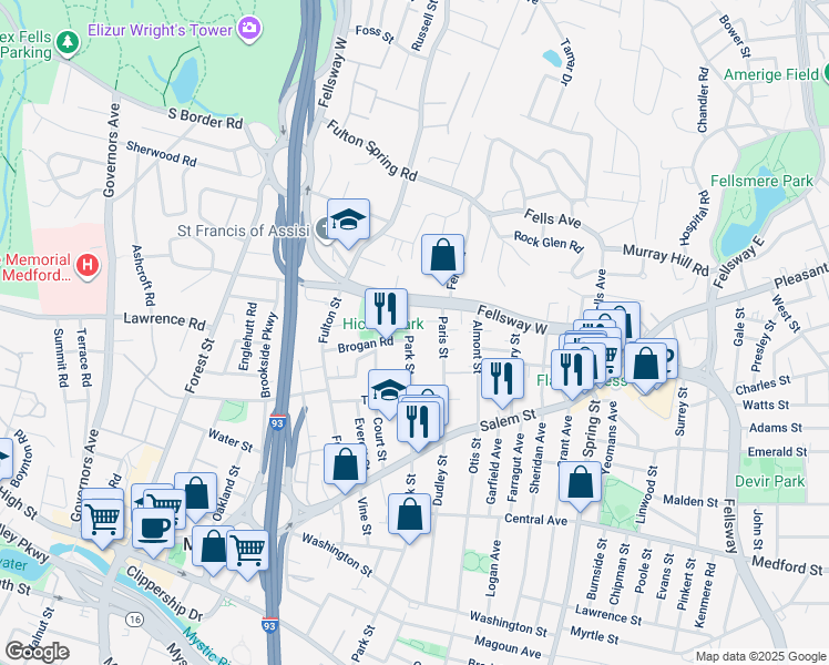 map of restaurants, bars, coffee shops, grocery stores, and more near 303 Park Street in Medford