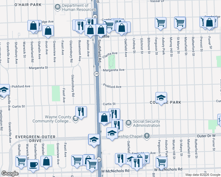 map of restaurants, bars, coffee shops, grocery stores, and more near 18313 Archdale Street in Detroit